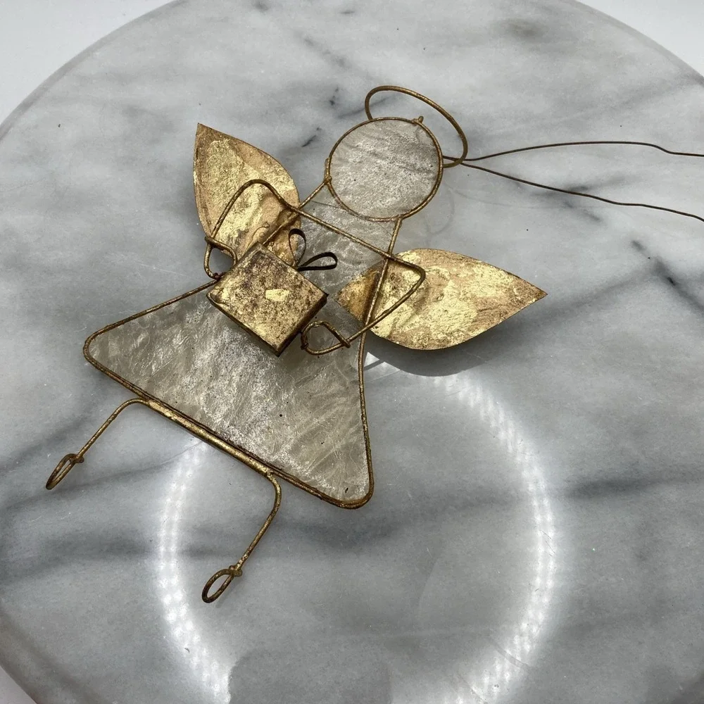Vintage Gold Guardian Angel Christmas  Ornament Sun Catcher Glass Metal Heaven